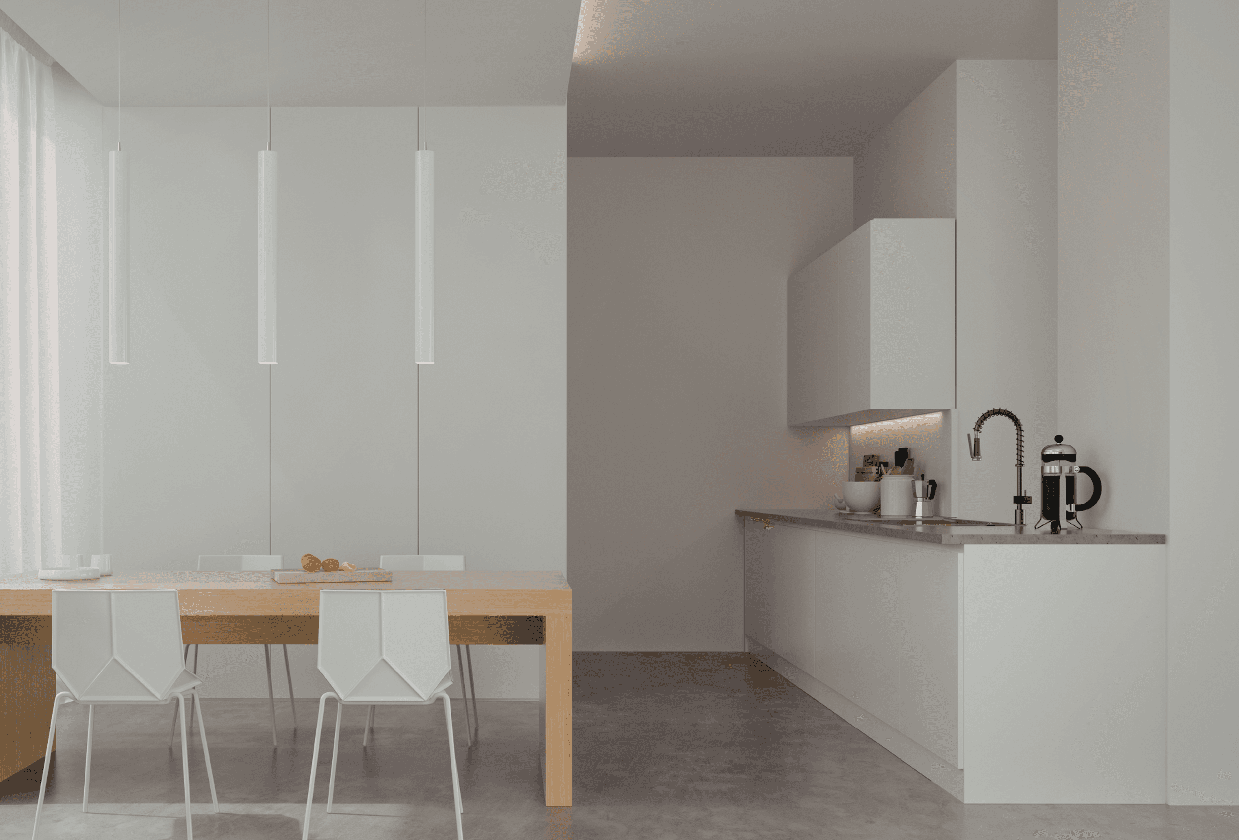 A serene minimalist kitchen with a wooden dining table